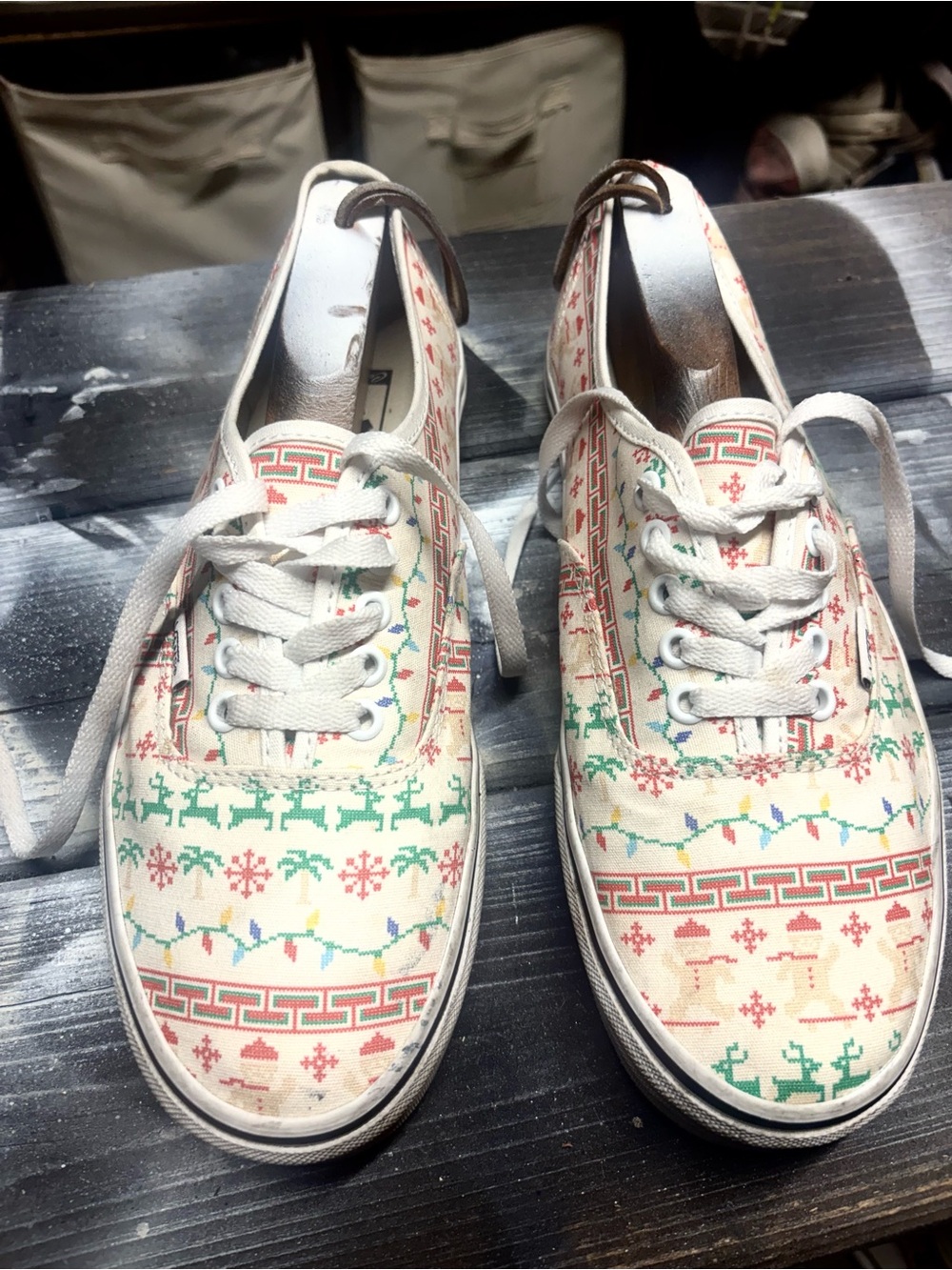 Vans Cream Canvas Sneakers with Red and Green Festive Print